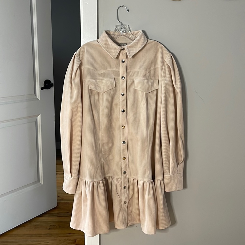 ASOS DESIGN Curve corduroy mini shirt dress in khaki